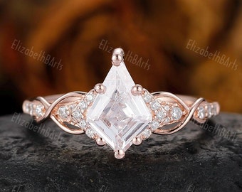 Vintage Kite Cut Moissanite Engagement Ring, Moissanite Cluster Silver Ring, Rose Gold Bridal Anniversary Ring, Handmade Prong Setting Ring