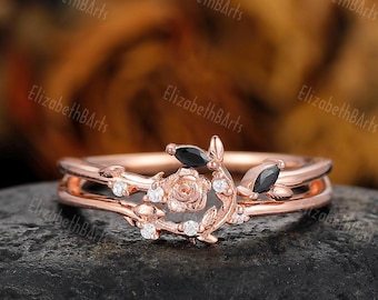 Flower Moissanite Engagement Ring, Rose Gold Nature Inspired Leaf Wedding Ring, Floral Promising Ring, Art Deco Anniversary Band For Women