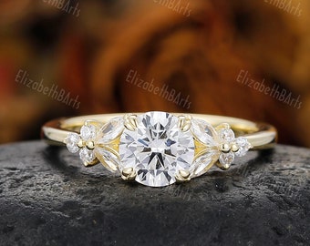 1ct Moissanite Round Engagement Ring, Cluster Wedding Ring For Her, Unique Moissanite Anniversary Gift, Sterling Silver Ring Women
