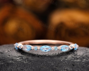 Minimalist Stacking Ring, Natural Swiss Blue Topaz Ring, December Birthstone Ring, Dainty Half Eternity Band, Blue Topaz Jewelry For Women