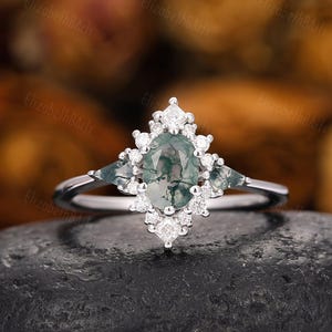 Oval Cut Moss Agate Engagement Ring, Tapared Band Engagement Ring, White Gold Ring Nature Inspired Green Gemstone Promise Ring For Her