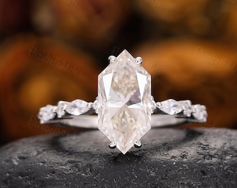 Vintage Dutch Marquise Cut Moissanite Wedding Ring, Hidden Halo Style Engagement Ring, Prong Set White Gold Anniversary Ring For Women