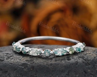 Unique Minimalist White Gold Moss Agate Wedding Band, Dainty Small Moss Agate Women Wedding Band, Delicate Anniversary Band For Her