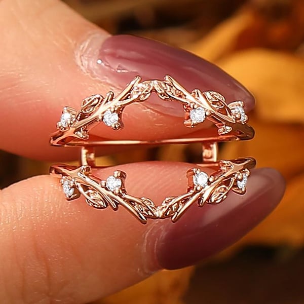 Leaf Moissanite Enhancer Wedding Ring, Yellow Gold Branch Band, Anniversary Gift