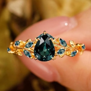 Unique Teal Sapphire Engagement Ring, Pear Blue Green Sapphire Ring, Yellow Gold Art Deco Cluster Ring, Bridal Anniversary Ring For Women