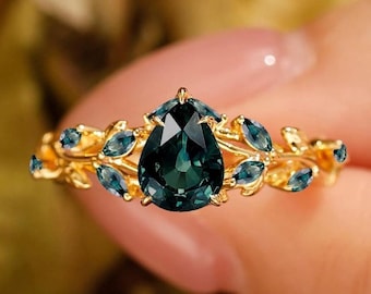 Unique Teal Sapphire Engagement Ring, Pear Blue Green Sapphire Ring, Yellow Gold Art Deco Cluster Ring, Bridal Anniversary Ring For Women