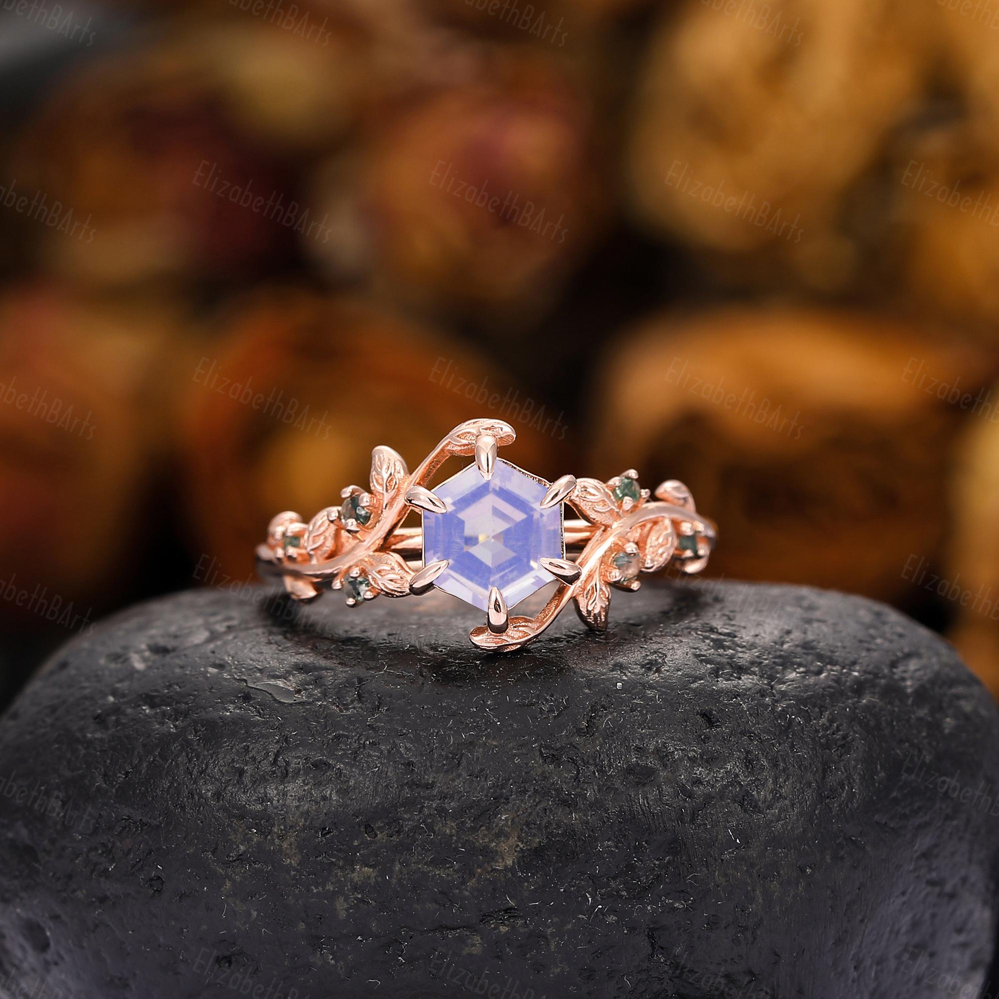 Antique 0.85CT Hexagon Cut Natural Lavender Amethyst Ring, Moss Agate Cluster Ring For Women, Purple Gemstone Ring, Handmade Ring Gifts