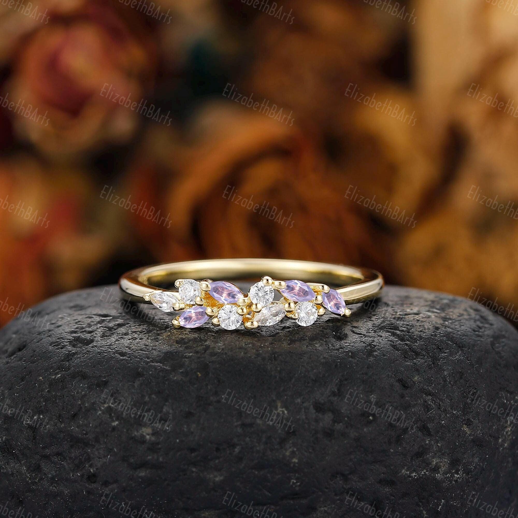 Lavender Amethyst Anniversary Wedding Ring, Valnetines Gift for Lover Women, Silver Anniversary Gift Ring, Yellow Gold Cluster Stacking Ring