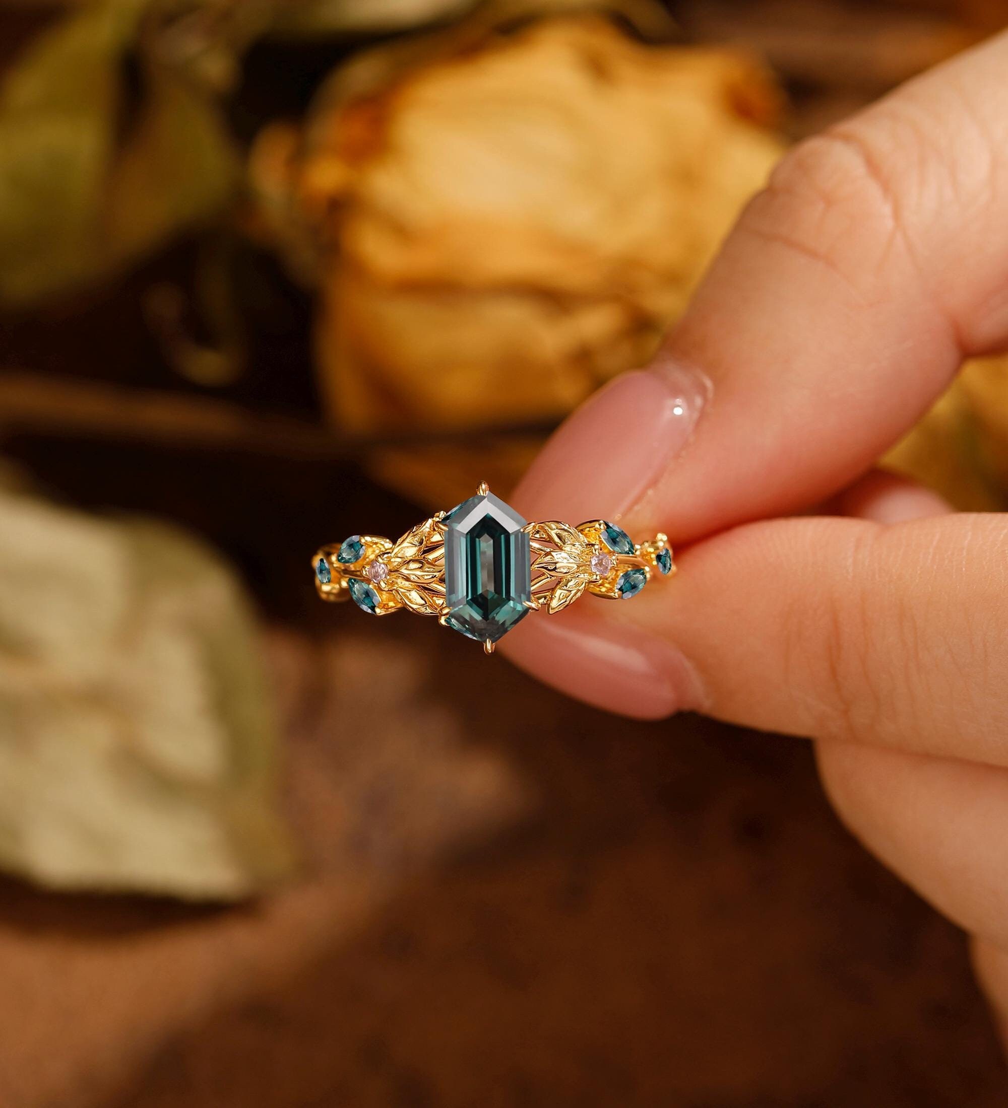 Hexagon Teal Sapphire Engagement Ring, Marquise Cluster Ring, Yellow Gold Wedding Ring, Blue Green Sapphire Ring, Elegant Ring Fine Jewelry