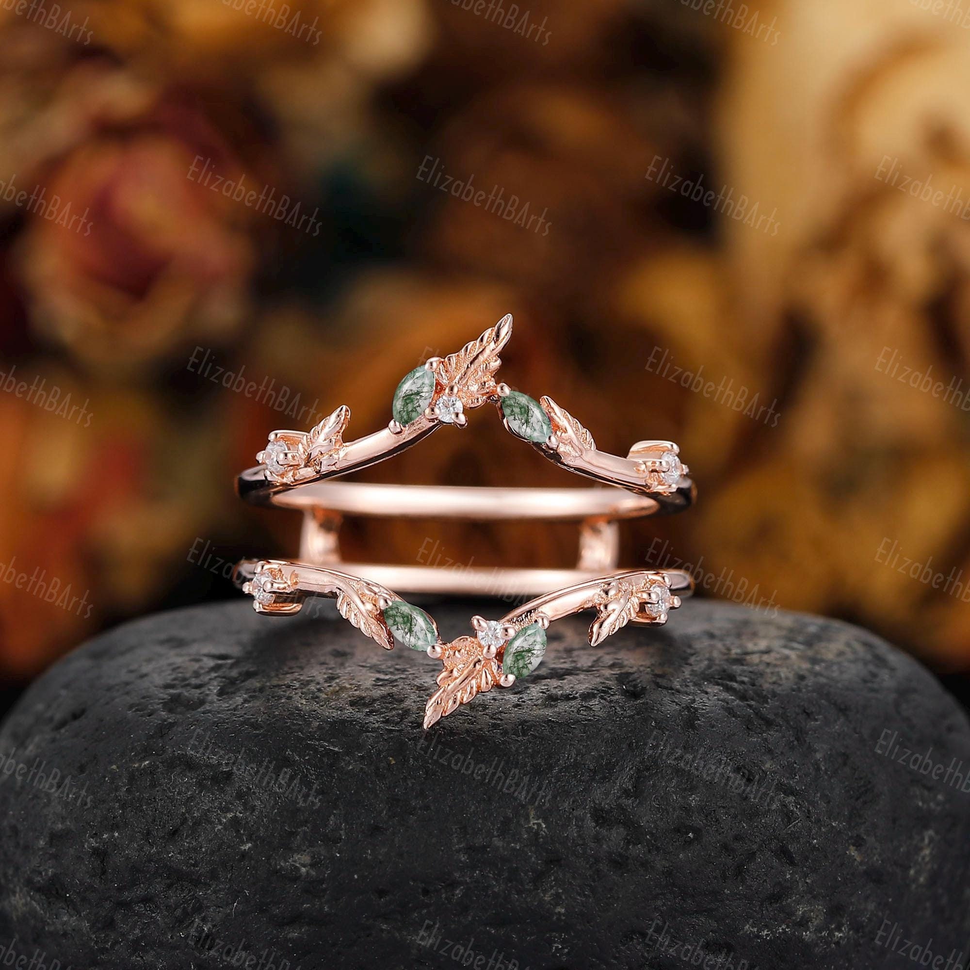 Unique Rose Gold Moss Agate Wedding Band, Dainty Marquise Moss Agate Women Enhancer Ring, Women Green Gemstone Ring, Stacking Band