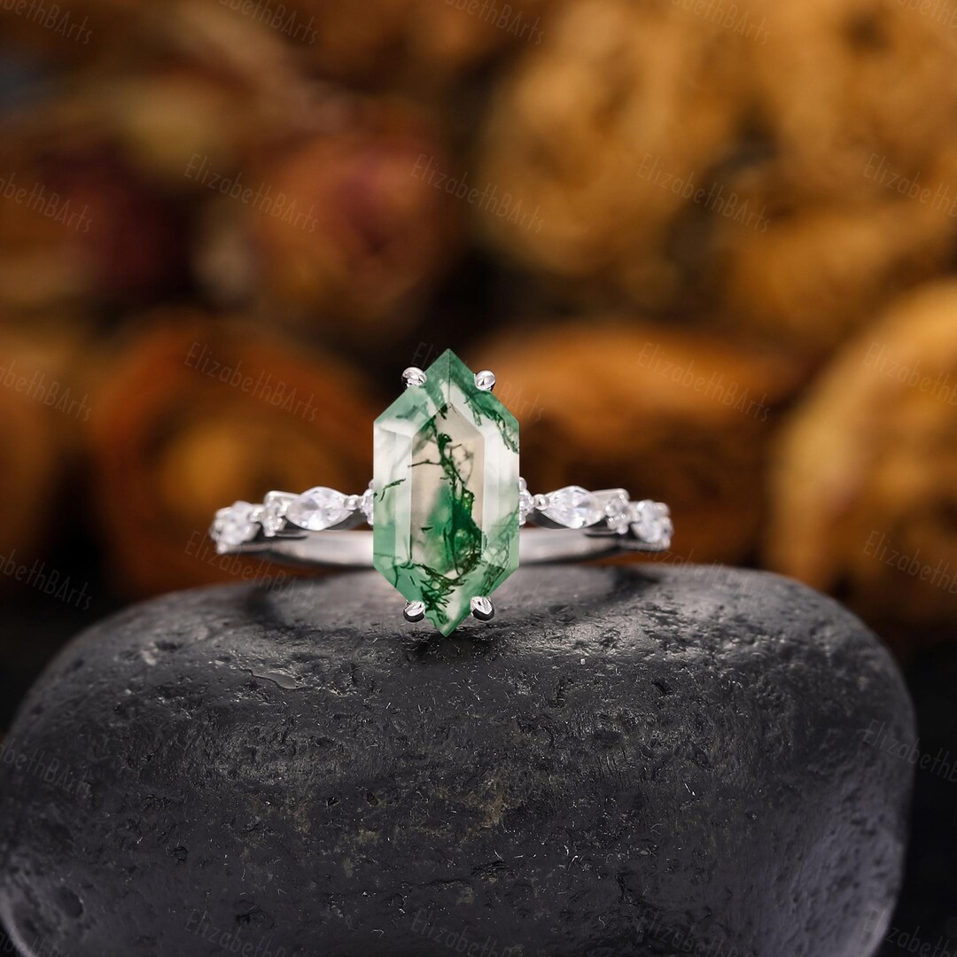Vintage Natural Moss Agate Engagement Gold Ring, Unique 925 Sterling ...