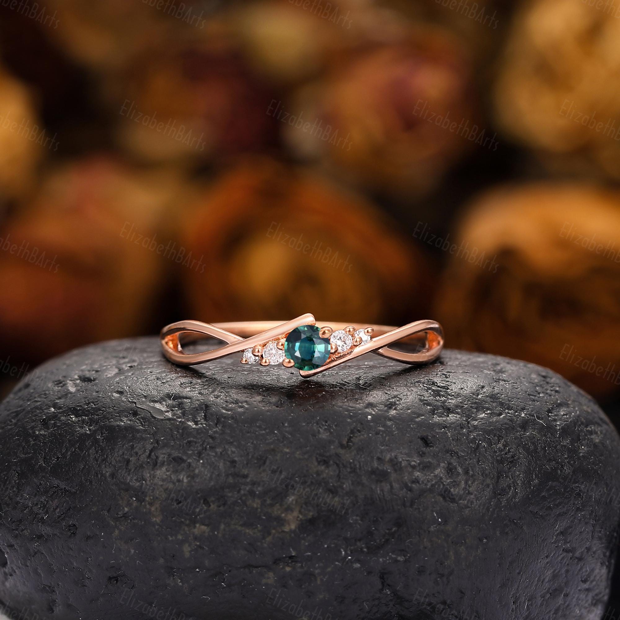 Vintage Petrol Saphir Verlobungsring, Einzigartige Rundschliff Massiv Gold Ring, Blau Grün Saphir Ring, Diamant Hochzeit Versprechen Ring für Frau