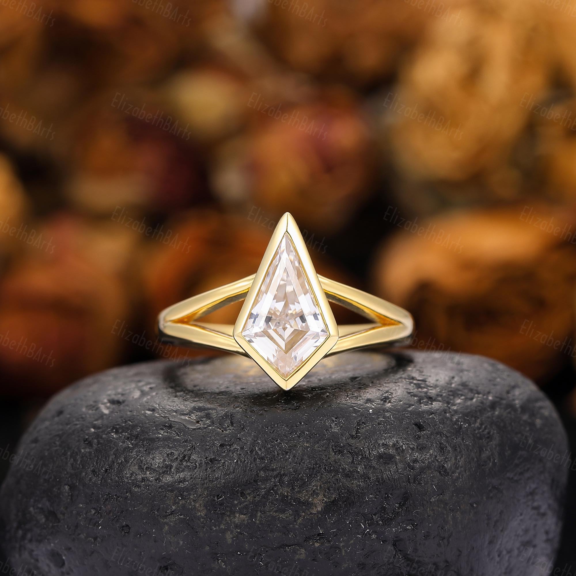 Split Shank Proposal Ring, Bezel Set Kite Cut 7x12mm Moissanite Solitaire Ring, Yellow Gold Moissanite Engagement Ring, Statement Ring