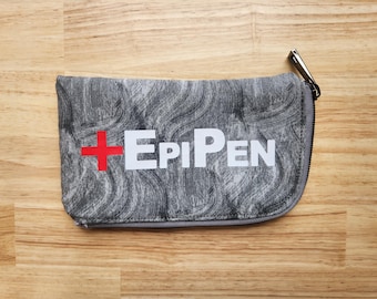 Estuche para EpiPen con etiqueta: suave bolsa gris con cremallera y forro de margaritas