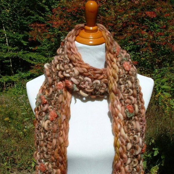 Autumn Roses Hand Knit Scarf from Handspun Flower Yarn Romantic Rustic Shabby peach pink tan gold brown