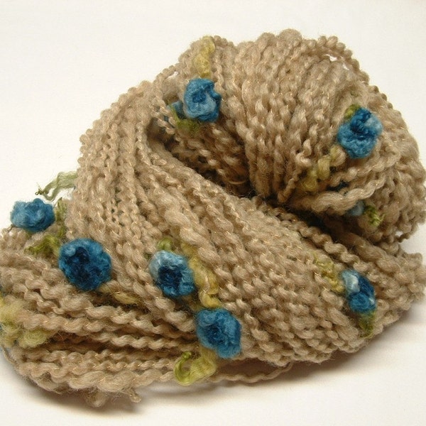Handspun Art Yarn with Felted Flowers Teal Roses 70 yards natural tan fawn
