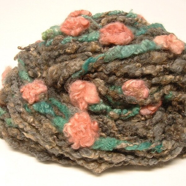 Handspun Art Yarn with Needle Felted Wool Flowers 46 yards Fleece Spun Lila Rose Natural Gray Tan