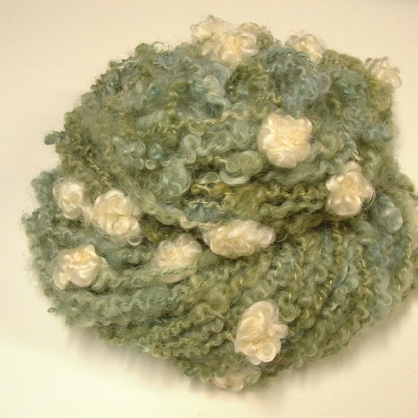 Handspun Art Yarn Teeswater Locks with Roses 48 yards dusty blue sage green