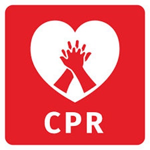 May include: Red square with a white heart containing two hands clasped together. The text "CPR" is below the heart in white.