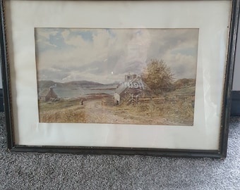 Ebenezer Alfred Warmington Watercolour Painting. Two cottages beside a river. Signed and dated 1877.