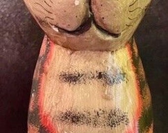 Cat Wooden Folk Art Statue Hand Carved Hand Painted