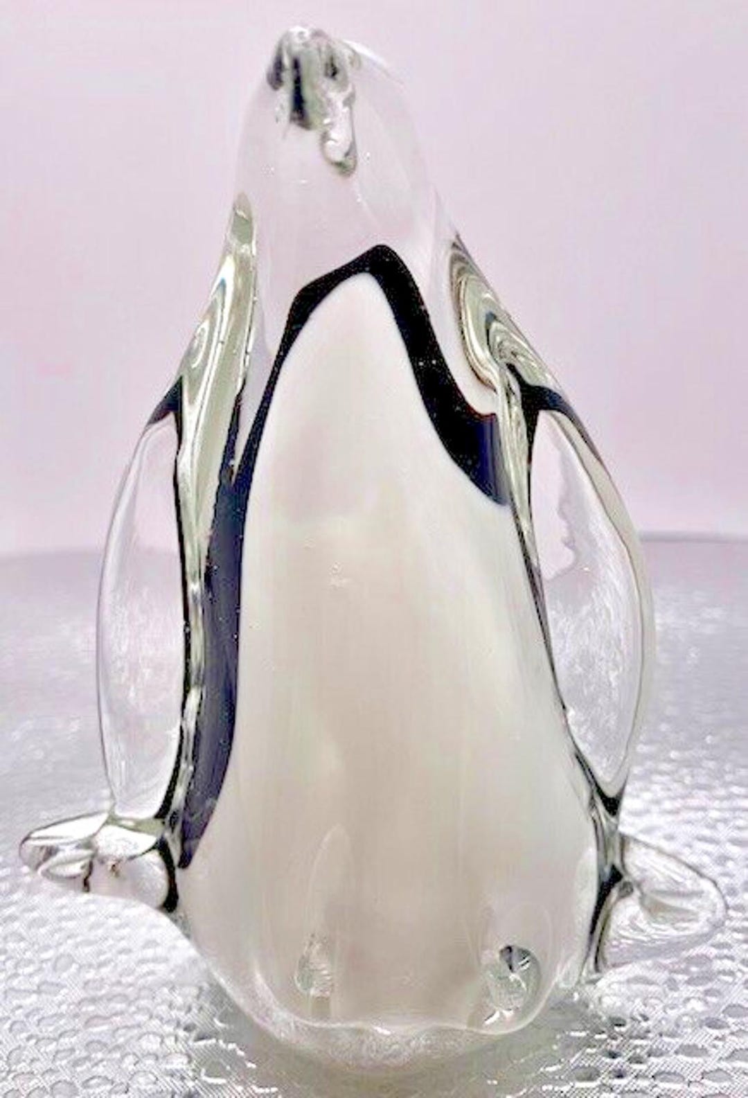 ペンギンアートガラス ムラーノスタイルアートガラスペンギン 4.25” x 3.5” クリア、ブラック 置物