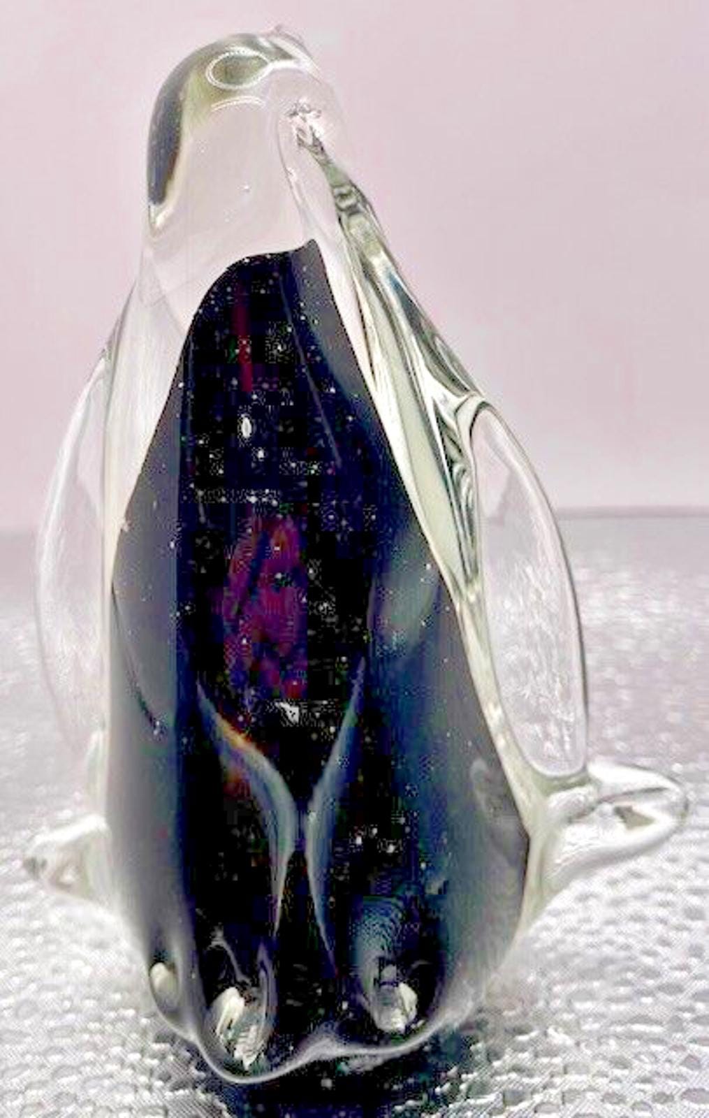 ムラーノスタイルアートガラスペンギン 4.25” x 3.5” クリア、ブラック