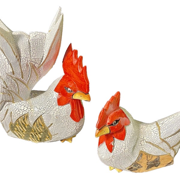 Wood Figurine Hen And Rooster Hand Carved & Painted From Denmark