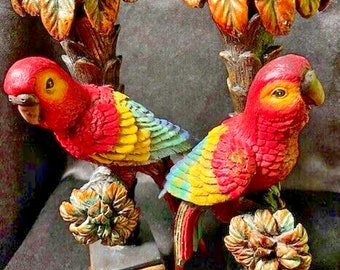 Ornate Candlestick Holders Parrots Perched In Palm Trees Set of 2 - Mated Birds