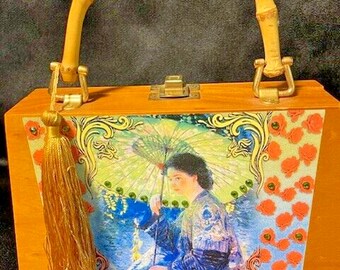 Vintage Woman's Purse - Geisha Japanese Vanity Bag - Hand Painted Artwork