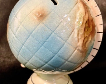 Vintage Coin Bank Ceramic "For My Trip" World Globe Bank made in Japan Rare