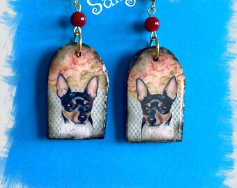Unique Tri Color Toy Fox Terrier dog polymer clay earrings Vintage Look Whimsical One of a Kind Hand Crafted by Sally