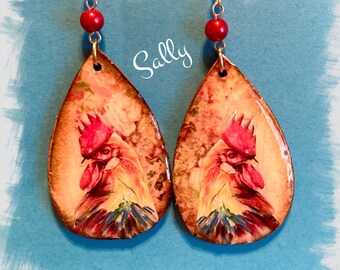 Unique Rooster earrings Vintage Look Whimsical One of a Kind Hand Crafted by Sally