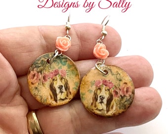 Round 1 inch Basset Hound dog dangle pierced Earrings unique and hand crafted by Sally's Bits of Clay