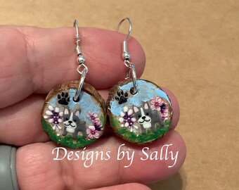 Boston Bulldog Terrier dog pierced earrings original whimsical design handmade in the USA by Sally