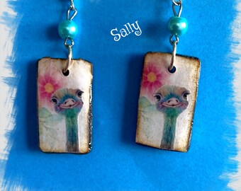 Adorable OSTRICH polymer clay earrings Vintage Look Whimsical One of a Kind Hand Crafted by Sally