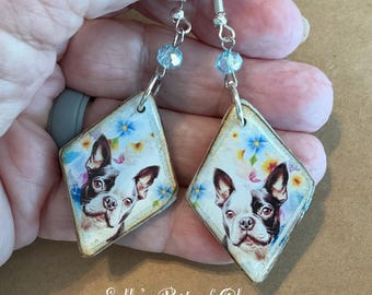 Boston Bulldog Terrier black and white dog Handmade Polymer Clay Earrings Handmade in the USA by Sally