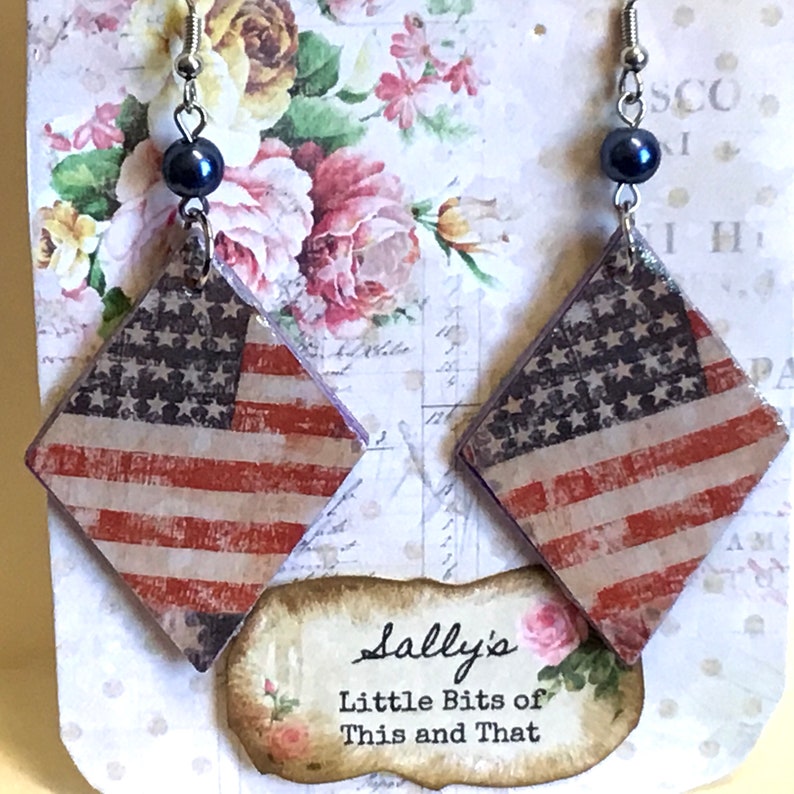 Patriotic Vintage Look Flag Lightweight Earrings Veteran/'s Day Memorial Day July 4th Unique and Handmade Hand Crafted by Sally