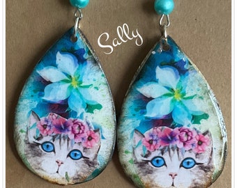 Handmade Cat Kitten earrings Vintage Look Unique and Whimsical One of a Kind Hand Crafted by Sally