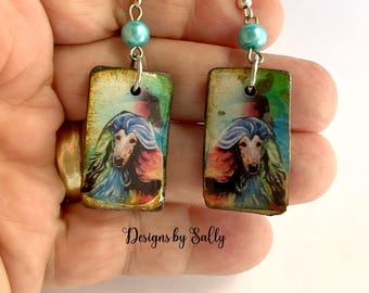 Afghan Hound dog earrings Polymer Clay Vintage Look Unique and Whimsical Hand Crafted by Sally FREE SHIPPING to the USA