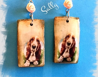 Handmade Basset Hound dog polymer clay earrings Vintage Look Unique and Whimsical One of a Kind Hand Crafted by Sally
