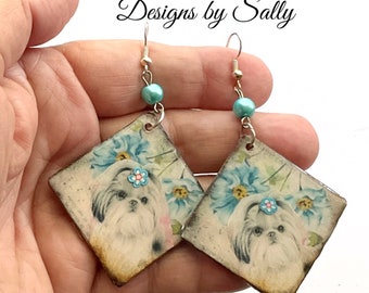 Cute Grey and White Shih Tzu earrings Vintage Look Whimsical One of a Kind Hand Crafted by Sally
