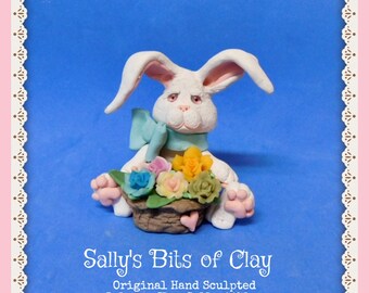 White Bunny Rabbit with basket of Flowers READY to SHIP! One of a Kind polymer clay sculpture hand sculpted by Sally's Bits of Clay