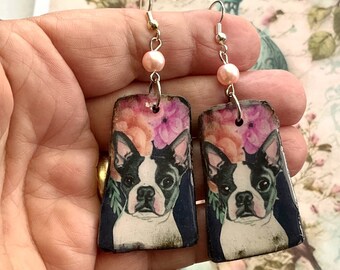 Whimsical Handmade Black and White Boston Terrier Bulldog polymer clay earrings Vintage Look Unique One of a Kind Hand Crafted Sally