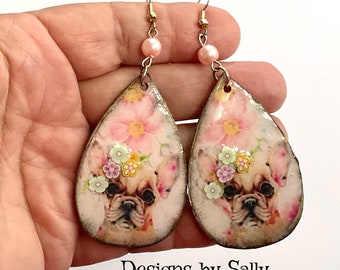 Unique handmade Creme French Bulldog earrings Vintage Look Whimsical One of a Kind Hand Crafted by Sally