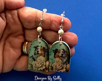 Australian Shepherd Aussie tan point merle dog polymer clay earrings Vintage Look Whimsical One of a Kind Hand Crafted by Sally in the USA