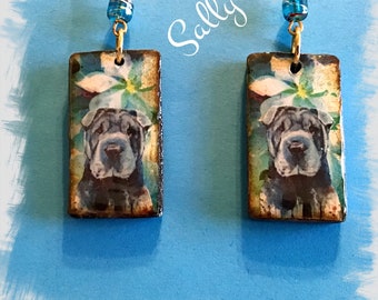 Handmade Blue Shar Pei dog polymer clay earrings Vintage Look Unique and Whimsical One of a Kind Hand Crafted by Sally