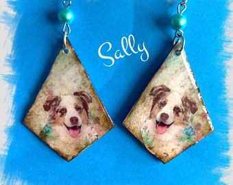 Red Merle Australian Shepherd Aussie dog earrings Vintage Look Whimsical One of a Kind Hand Crafted by Sally