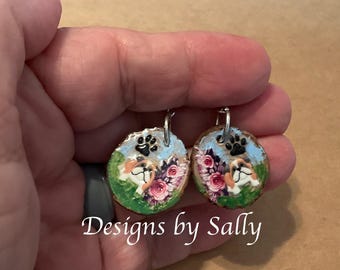 English Bulldog pierced tiny wood slice earrings original whimsical design handmade in the USA by Sally