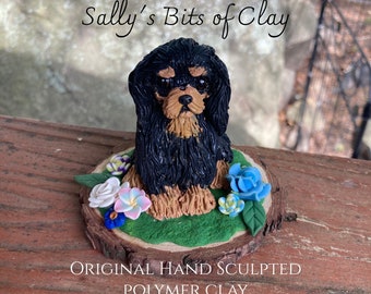 Original polymer clay Black & Tan Cavalier King Charles Spaniel Spring sculpture One of a Kind and hand sculpted by Sally's Bits of Clay